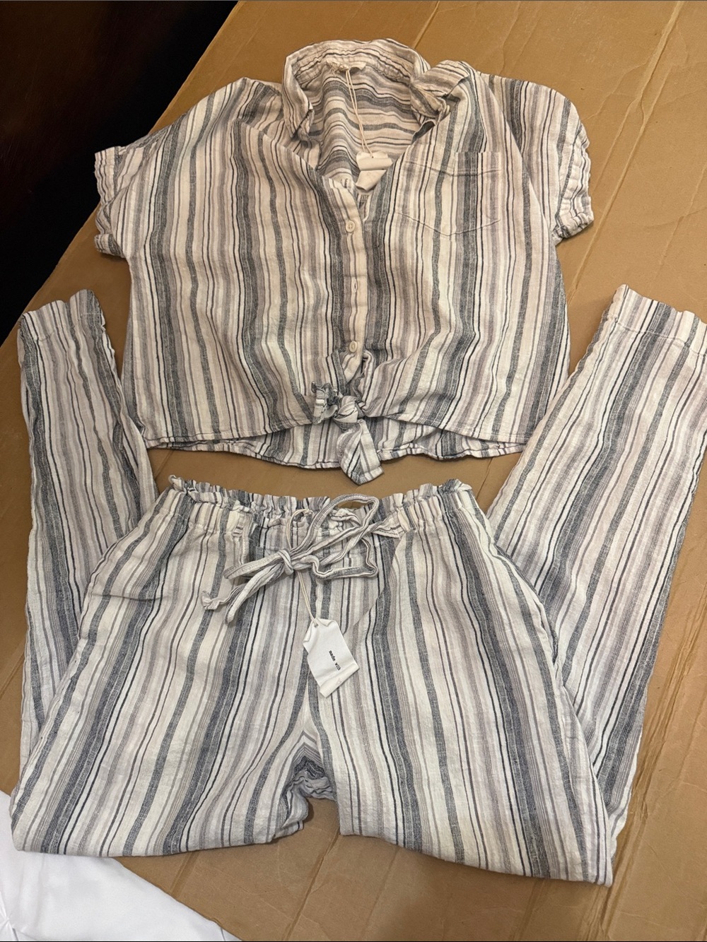 beachlunchlounge Striped Tie-Front Top & Jogger Set - White & Gray